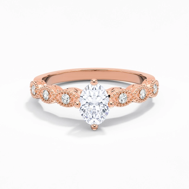 925 Sterling Silver East West Engagement Ring Polish 18K Rose Gold Antique Beaded Oval Moissanite 1.00ct