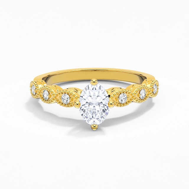 Argent sterling 925 Est Ouest Bague de fiançailles Polonais Or jaune 18 carats Antique Perlé Ovale Moissanite 1.00ct