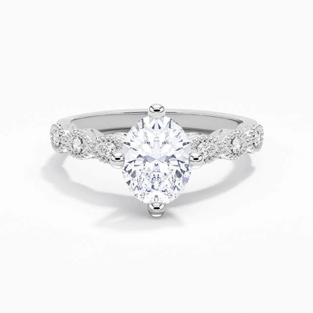 925 Sterling Silver East West Engagement Ring Polish White Gold Antique Beaded Oval Moissanite 2.00ct