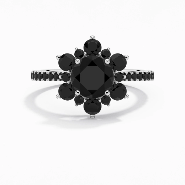 Gracieux Flocon de neige Rond Zircon cubique Bague de fiançailles 1.20ct En Noir Argent sterling 925 Grappe Tige Droite
