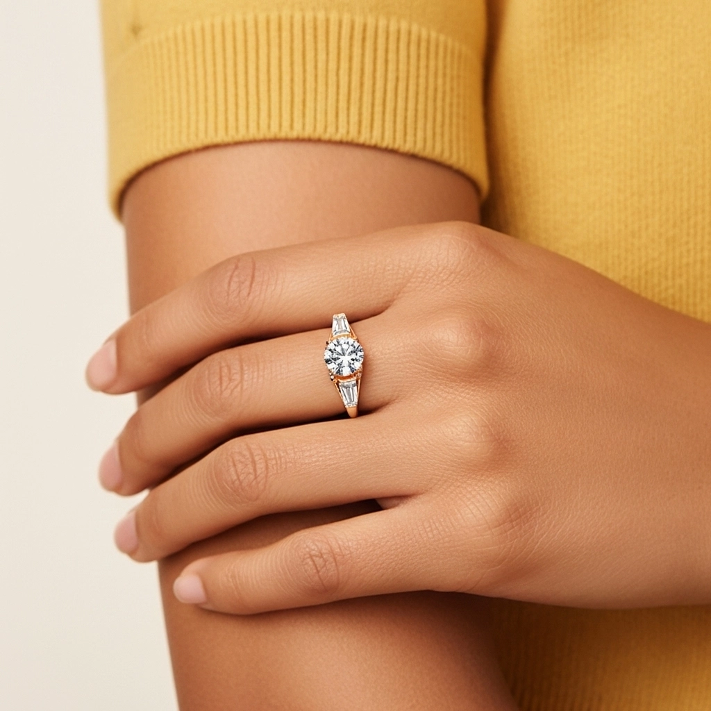 925 Sterling Silver Three Stone Cathedral Baguette Traditional Shank Engagement Ring