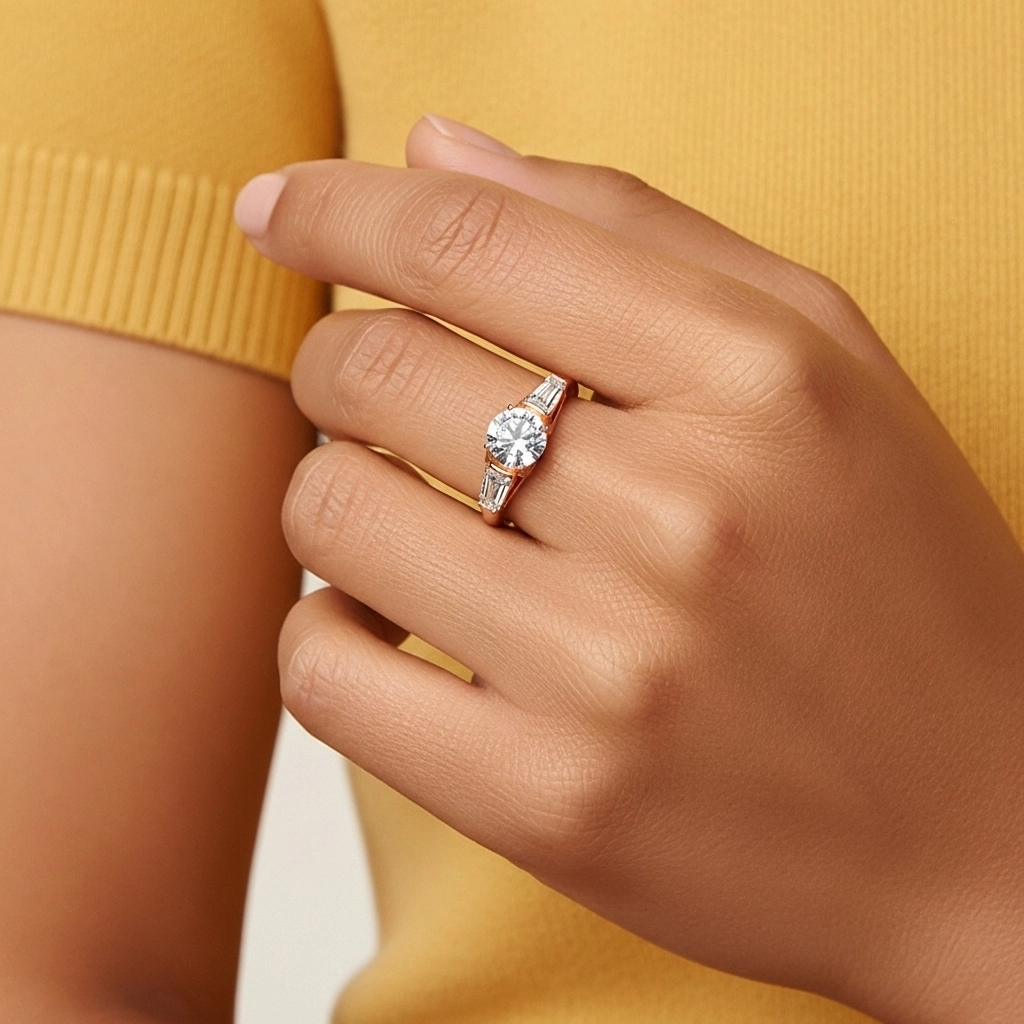 925 Sterling Silver Three Stone Cathedral Baguette Traditional Shank Engagement Ring