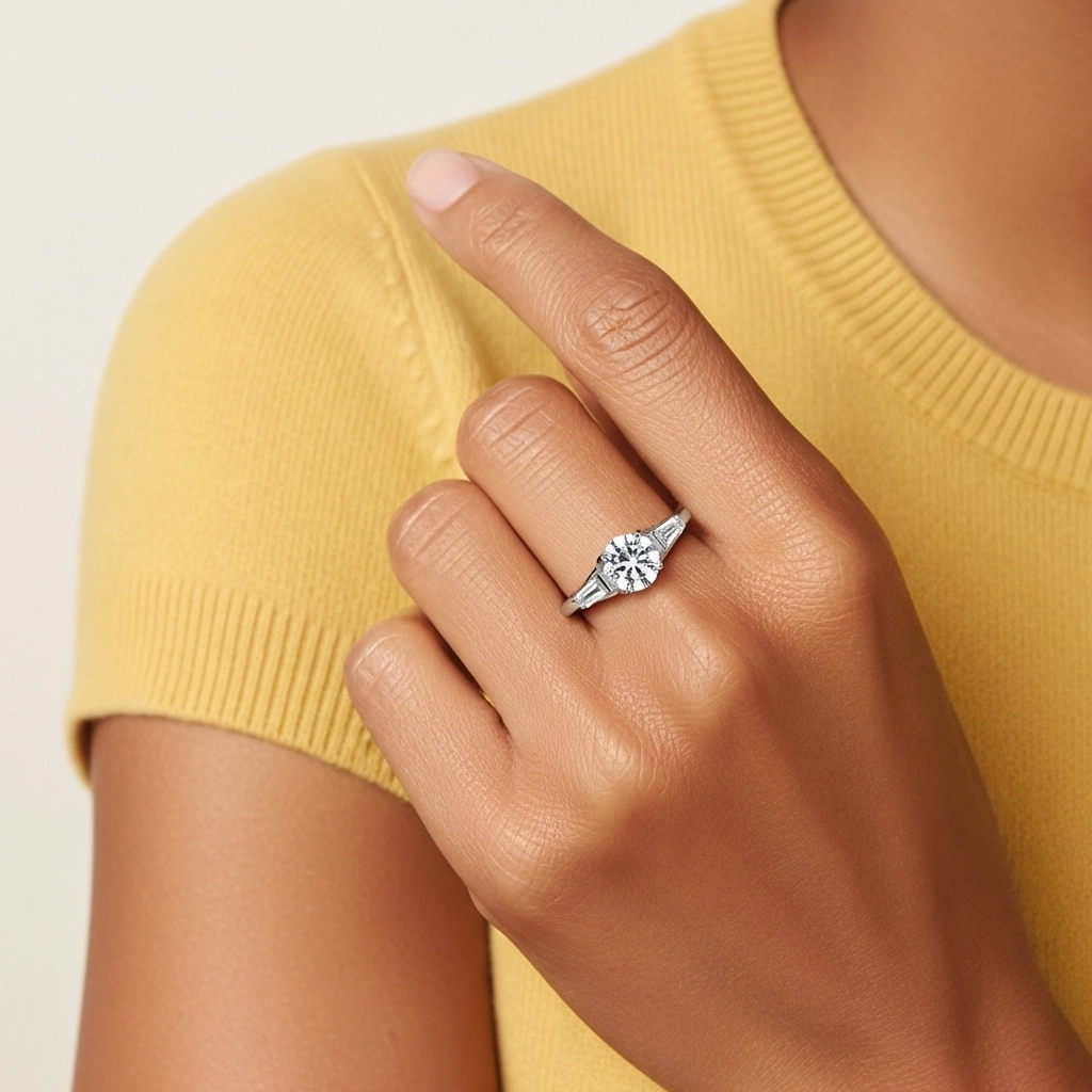 925 Sterling Silver Three Stone Cathedral Baguette Traditional Shank Engagement Ring