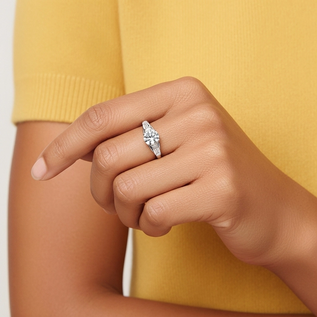 925 Sterling Silver Three Stone Cathedral Baguette Traditional Shank Engagement Ring