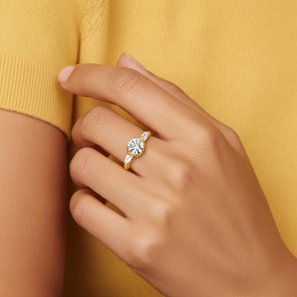 14K Gold Three Stone Cathedral Baguette Traditional Shank Engagement Ring