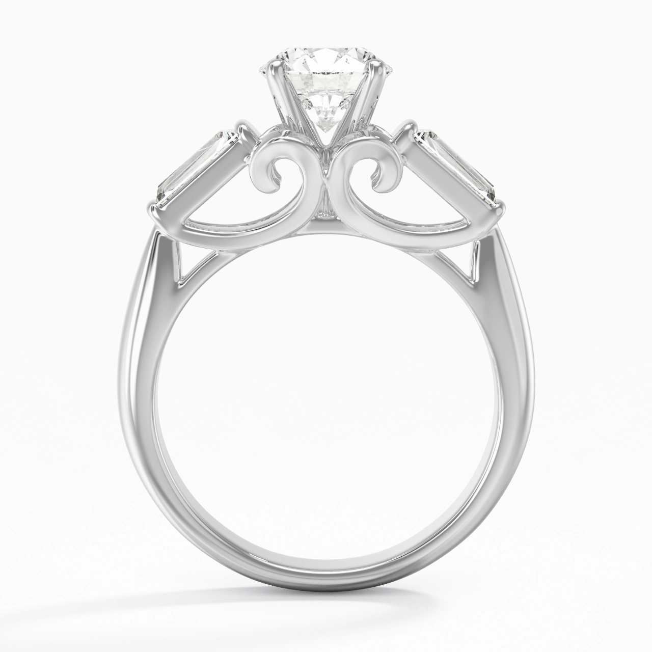 Argent sterling 925 Trois pierres Cathédrale Baguette Tige Traditionnelle Bague de fiançailles