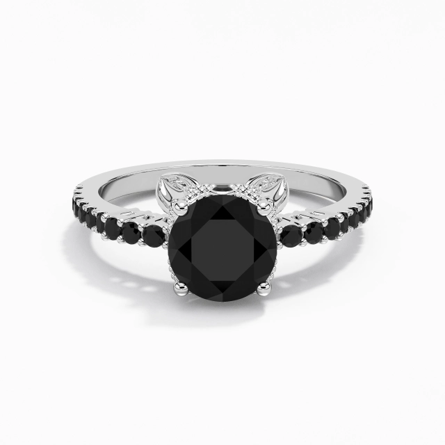 Unique Chat Rond Zircon cubique Bague de fiançailles 1.50ct En Noir Argent sterling 925 Pavé Tige Droite