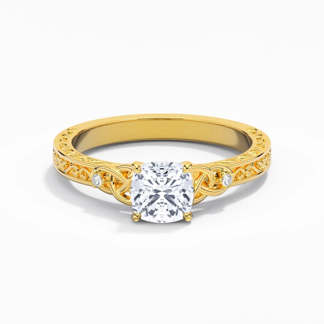 925 Sterling Silver Prong Engagement Ring Polish 18K Yellow Gold Retro Celtic Knot Carved Scrollwork Cushion Moissanite 1.00ct Straight Shank