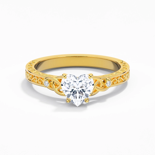 Argent sterling 925 Griffe Bague de fiançailles Polonais Or jaune 18 carats Rétro Noeud celtique Sculpté Volutes Cœur Moissanite 1.00ct Tige Droite VANCARO Logo Image