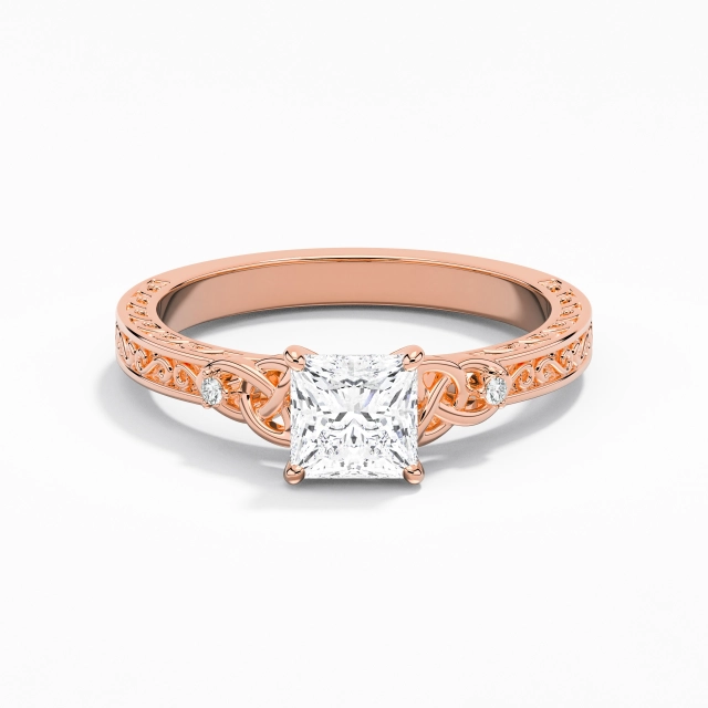 Rétro Noeud celtique Sculpté Volutes Princesse Moissanite Bague de fiançailles 1.00ct En Blanc Or rose 14 carats Griffe Tige Droite