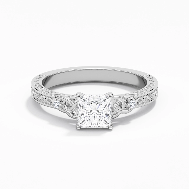 Rétro Noeud celtique Sculpté Volutes Princesse Moissanite Bague de fiançailles 1.00ct En Blanc Platine Griffe Tige Droite