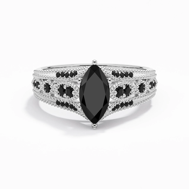 Baroque Perlé Marquise Zircon cubique Bague de fiançailles 1.00ct En Noir Argent sterling 925 Griffe Tige Flair