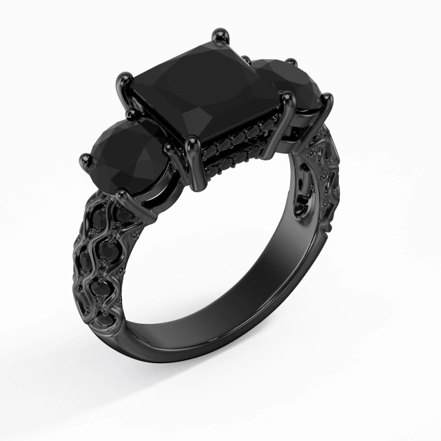 925 Sterling Silver Three Stone Pavé Custom Engagement Ring Polish Plating Black Luxury Princess Cubic Zirconia 2.50ct Traditional Shank