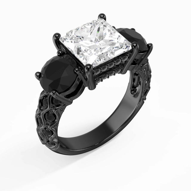 925 Sterling Silver Three Stone Pavé Custom Engagement Ring Polish Plating Black Luxury Princess Cubic Zirconia 2.50ct Traditional Shank