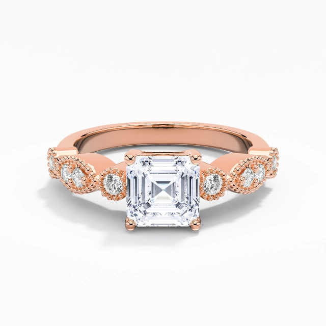 Retro Beaded Asscher Moissanite Engagement Ring 1.00ct In White 14K Rose Gold Prong