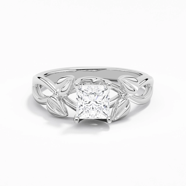 1.00ct Princesse Moissanite Bague de fiançailles Argent sterling 925 Griffe Feuille Nature Unique Entrelacés
