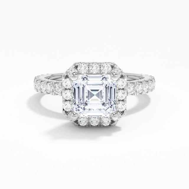 1.00ct Asscher Moissanite Engagement Ring Platinum Halo Pavé Elegant Straight Shank