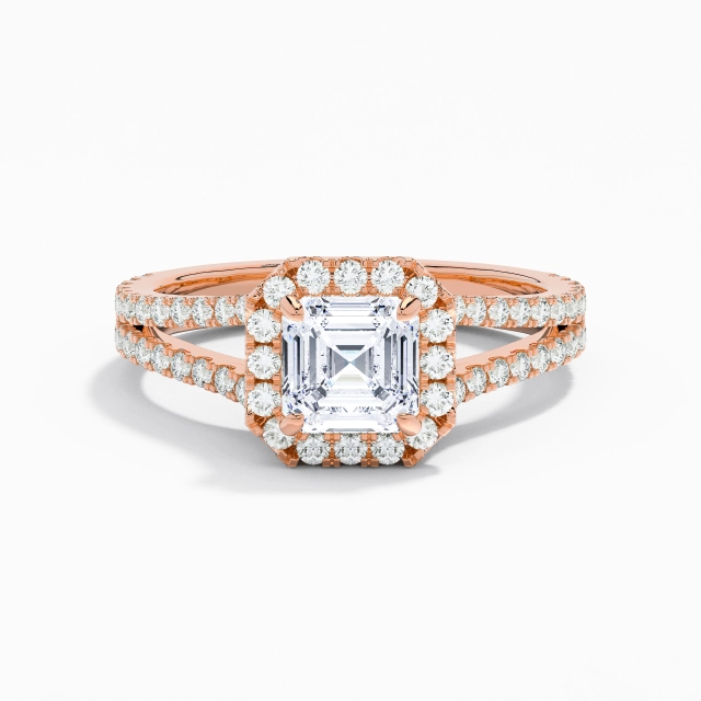 Glory Asscher Moissanite Engagement Ring 1.00ct In White 14K Rose Gold Halo Cathedral Split Shank