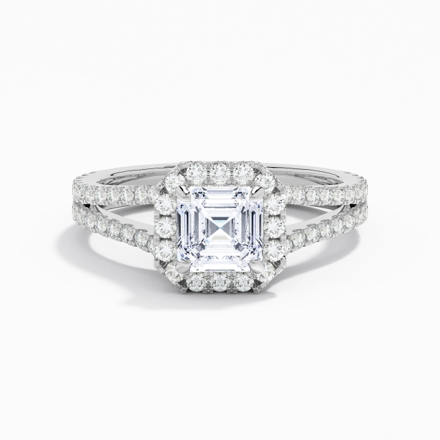 Glory Asscher Moissanite Engagement Ring 1.00ct In White 14K White Gold Halo Cathedral Split Shank