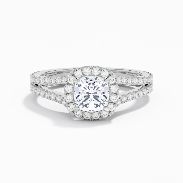 Glory Cushion Moissanite Engagement Ring 1.00ct In White 14K White Gold Halo Cathedral Split Shank