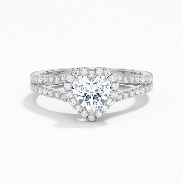 Glory Heart Moissanite Engagement Ring 1.00ct In White 14K White Gold Halo Cathedral Split Shank