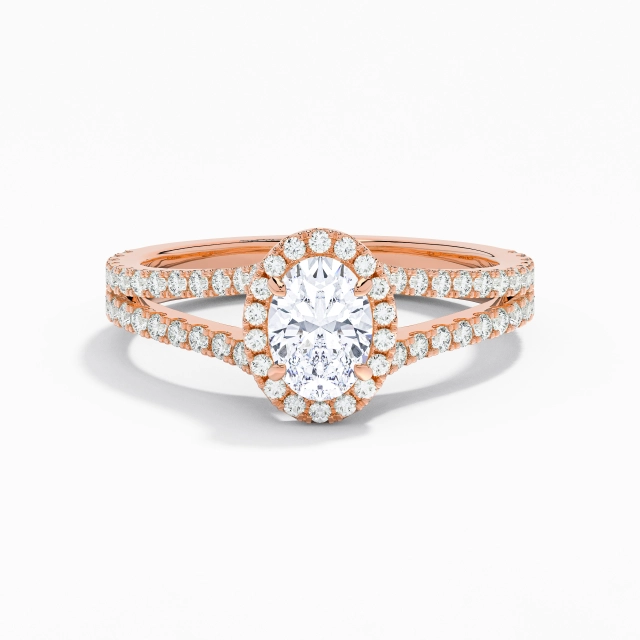 Glorieux Ovale Moissanite Bague de fiançailles 1.00ct En Blanc Or rose 14 carats Halo Cathédrale Tige Fendue