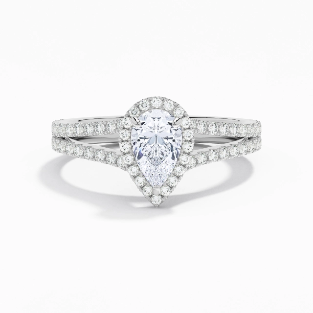 Glory Pear Moissanite Engagement Ring 1.00ct In White 14K White Gold Halo Cathedral Split Shank