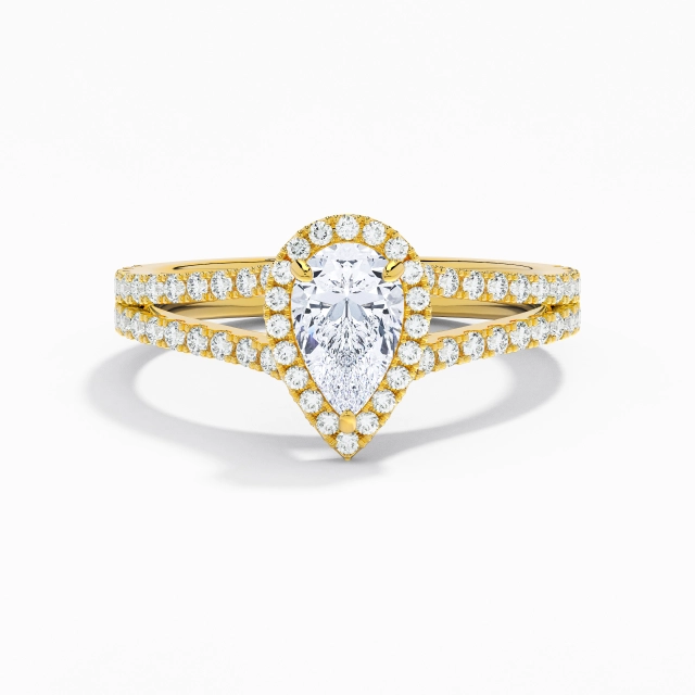 Glory Pear Moissanite Engagement Ring 1.00ct In White 14K Gold Halo Cathedral Split Shank