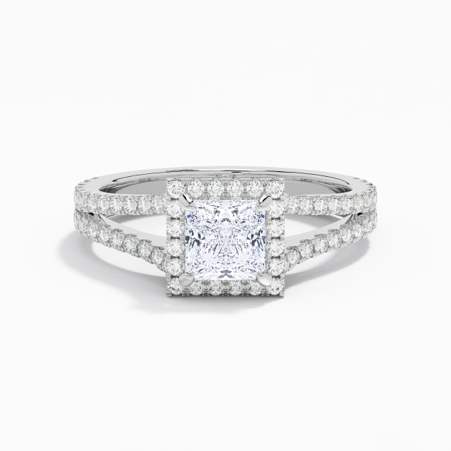 Glory Princess Moissanite Engagement Ring 1.00ct In White 14K White Gold Halo Cathedral Split Shank