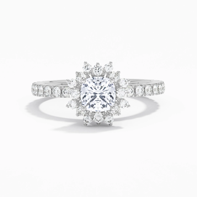 Luxury Cushion Moissanite Engagement Ring 1.00ct In White Platinum Halo Cluster Straight Shank