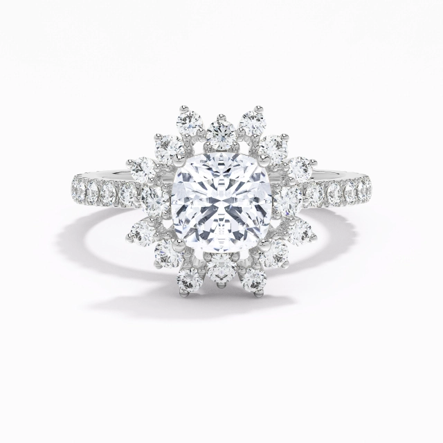 925 Sterling Silver Halo Cluster Engagement Ring Plating White Gold Luxury Cushion Moissanite 2.00ct Straight Shank