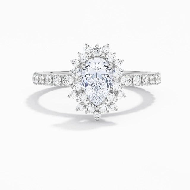 925 Sterling Silver Halo Cluster Engagement Ring Plating White Gold Luxury Pear Moissanite 1.00ct Straight Shank