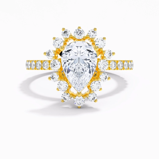 925 Sterling Silver Halo Cluster Engagement Ring Plating 18K Yellow Gold Luxury Pear Moissanite 2.00ct Straight Shank