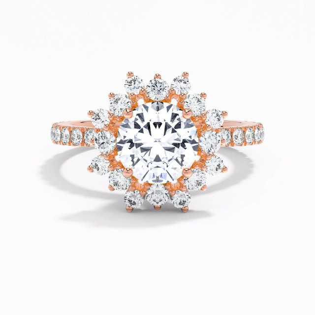 Argent sterling 925 Halo Grappe Bague de fiançailles Placage Or rose 18 carats Le luxe Rond Moissanite 2.00ct Tige Droite