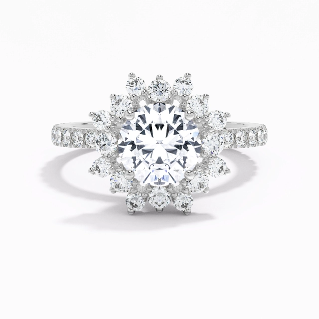 Argent sterling 925 Halo Grappe Bague de fiançailles Placage Or blanc Le luxe Rond Moissanite 2.00ct Tige Droite Argent sterling 925 Halo Grappe Bague de fiançailles Placage Or blanc Le luxe Rond Moissanite 2.00ct Tige Droite