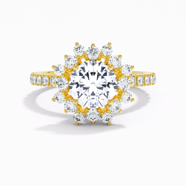 925 Sterling Silver Halo Cluster Engagement Ring Plating 18K Yellow Gold Luxury Round Moissanite 2.00ct Straight Shank