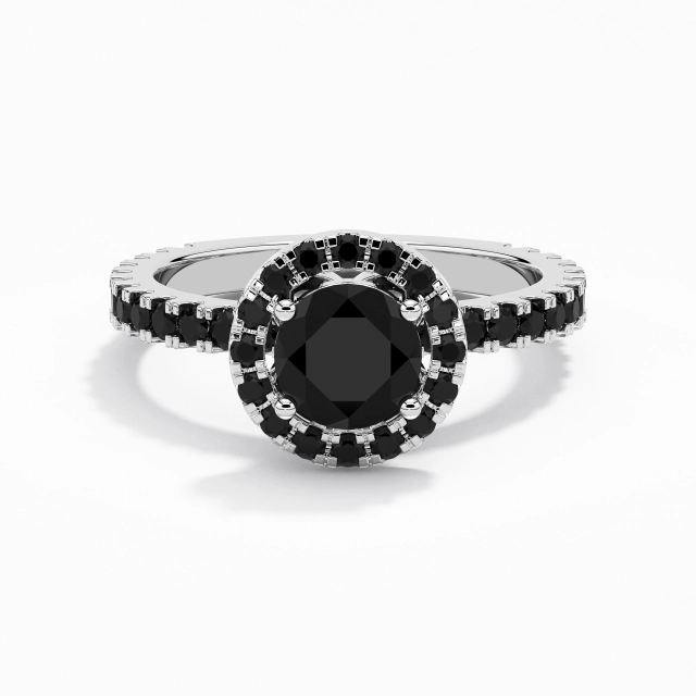 Delicado Redondo Circonio cúbico Anillo de Compromiso 1.00ct En Negro Plata esterlina 925 Aro de halo Pata recta