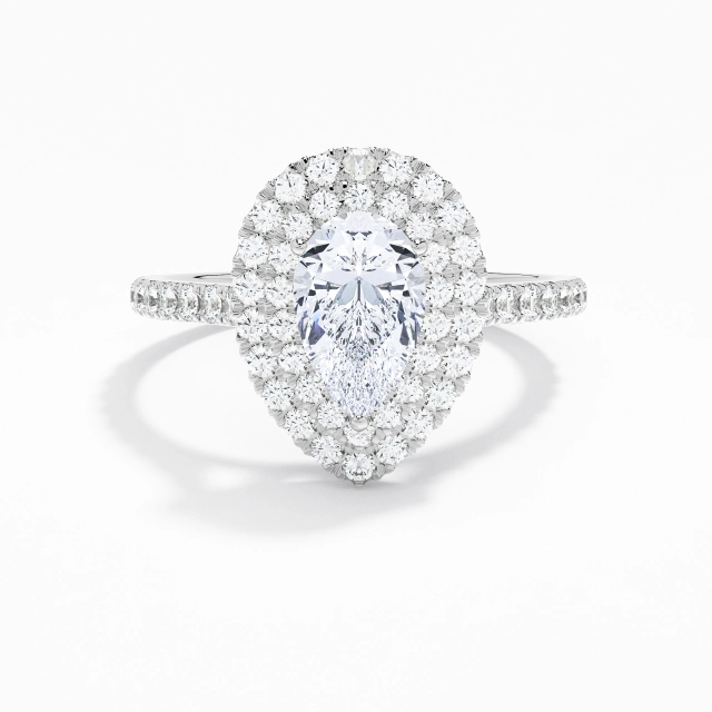925 Sterling Silver Double Halo Engagement Ring Plating White Gold Luxury Pear Moissanite 1.00ct Straight Shank