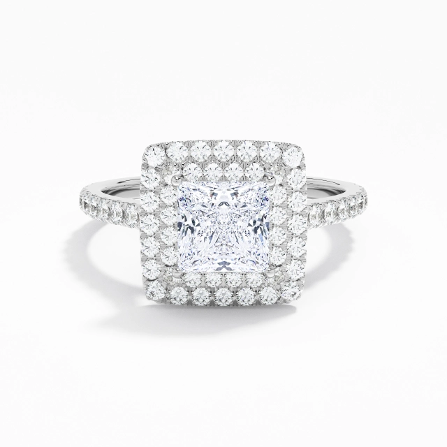 925 Sterling Silver Double Halo Engagement Ring Plating White Gold Luxury Princess Moissanite 1.00ct Straight Shank