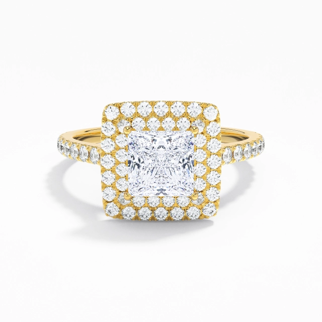 925 Sterling Silver Double Halo Engagement Ring Plating 18K Yellow Gold Luxury Princess Moissanite 1.00ct Straight Shank