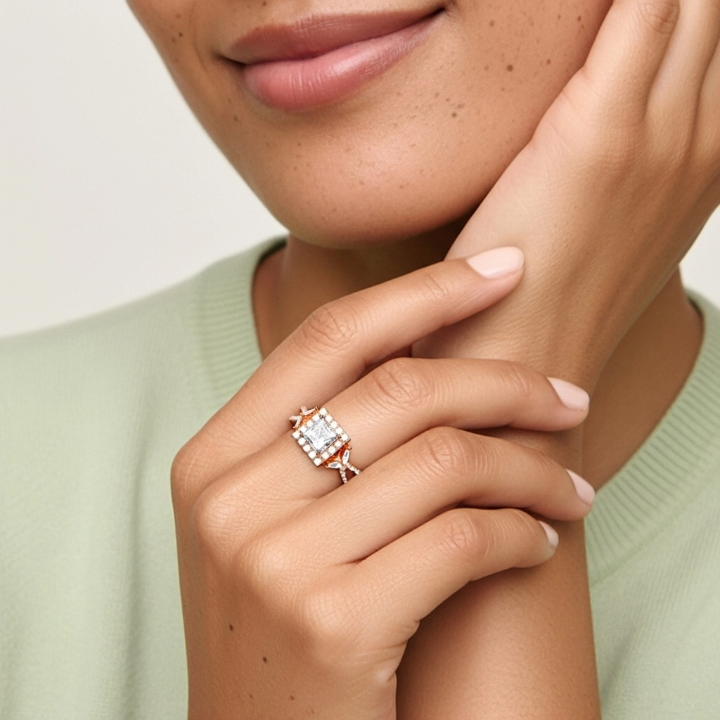 Feuille Halo Bague de fiançailles 1.00ct Moissanite