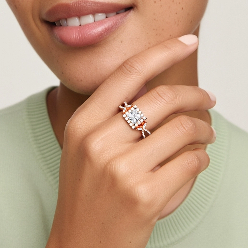 Feuille Halo Bague de fiançailles 1.00ct Moissanite