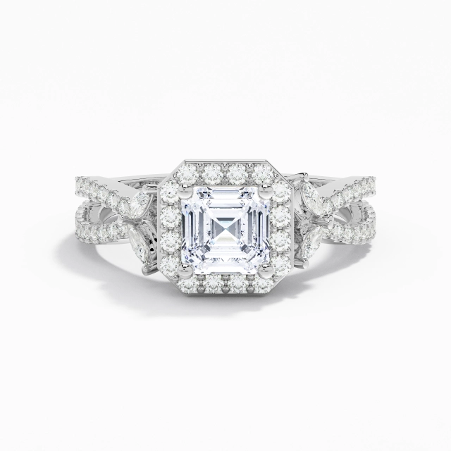 Nature Feuille Asscher Moissanite Bague de fiançailles 1.00ct En Blanc Platine Halo Croisé