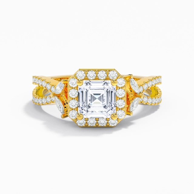 Crossover Nature Leaf Halo Engagement Ring Moissanite 1.00ct Asscher 925 Sterling Silver