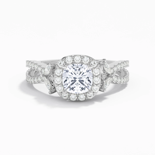 Croisé Nature Feuille Halo Bague de fiançailles Moissanite 1.00ct Coussin Argent sterling 925