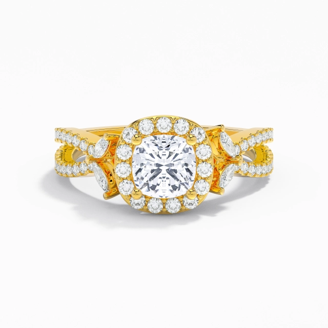 Crossover Nature Leaf Halo Engagement Ring Moissanite 1.00ct Cushion 925 Sterling Silver