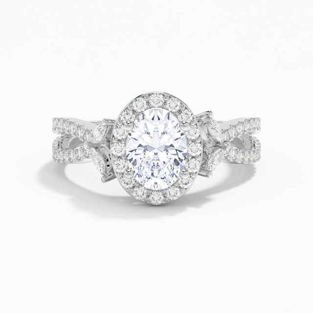 Croisé Nature Feuille Halo Bague de fiançailles Moissanite 1.50ct Ovale Argent sterling 925