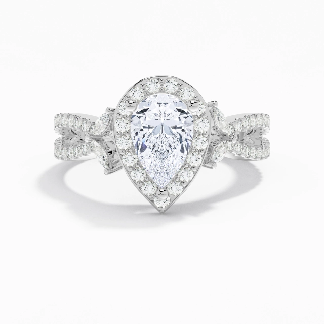 Croisé Nature Feuille Halo Bague de fiançailles Moissanite 1.50ct Poire Argent sterling 925