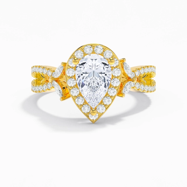 Croisé Nature Feuille Halo Bague de fiançailles Moissanite 1.50ct Poire Argent sterling 925