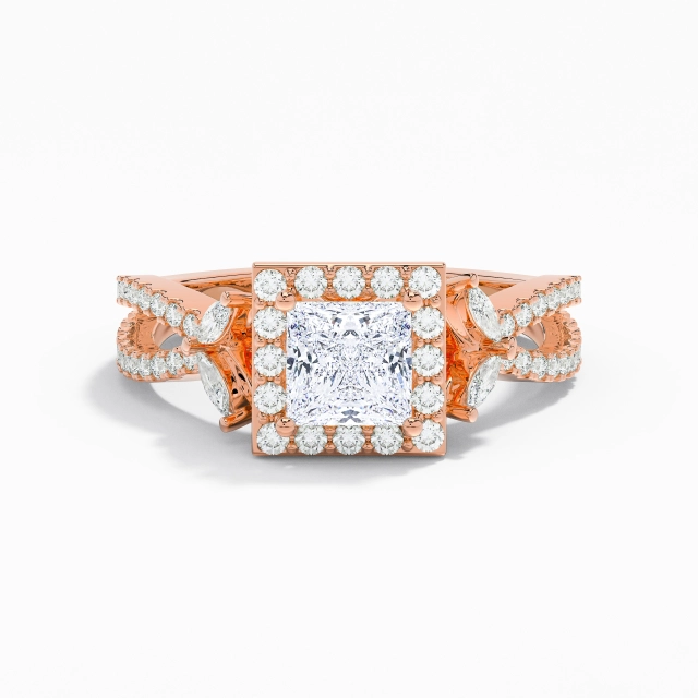 Crossover Nature Leaf Halo Engagement Ring Moissanite 1.00ct Princess 925 Sterling Silver